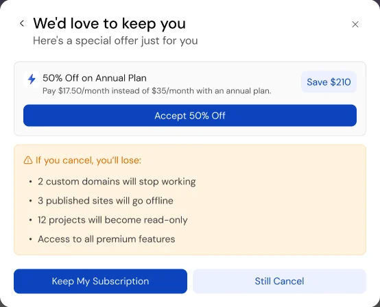 We’d love to keep you: 50% off annual plan