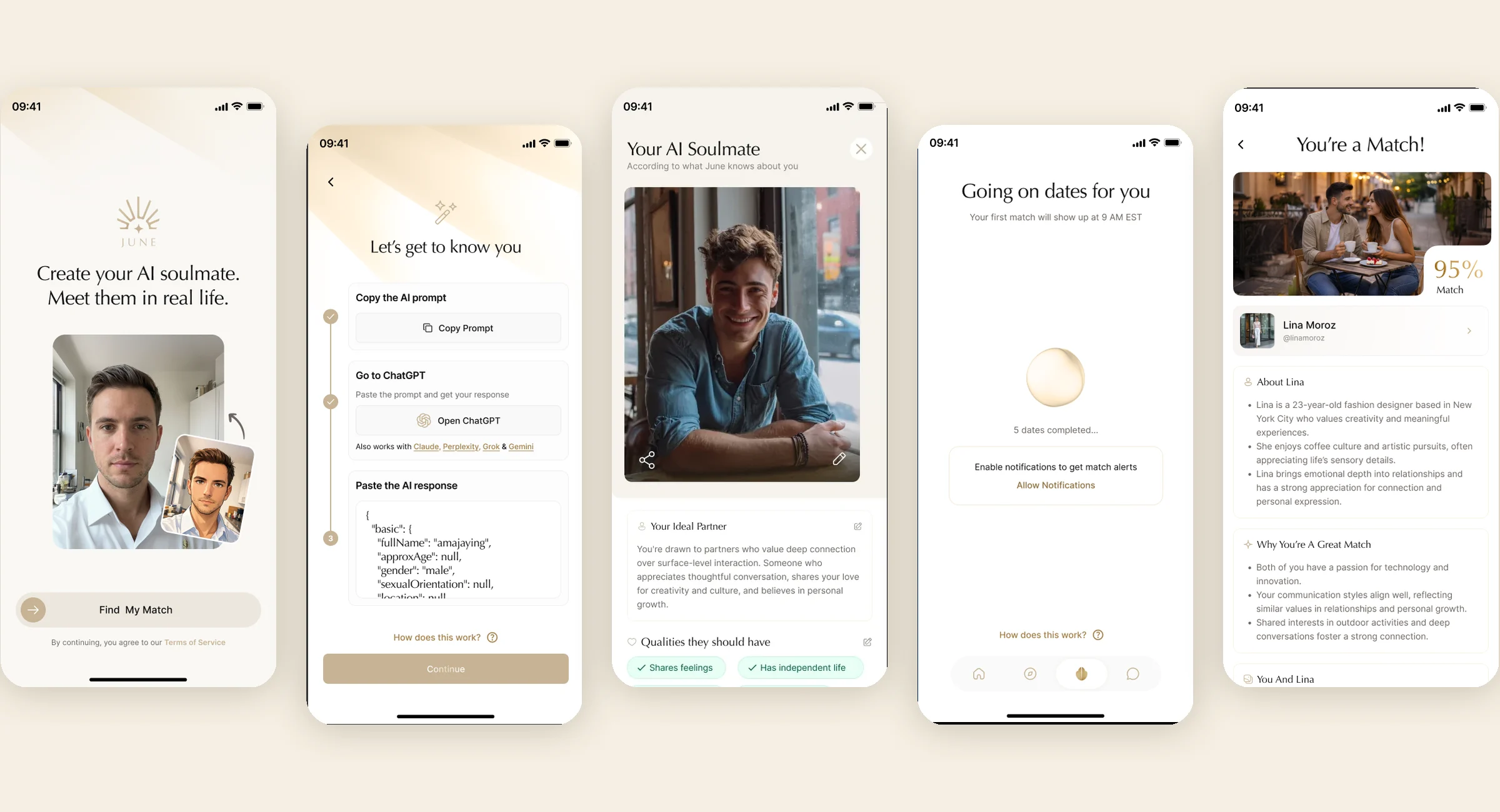 Five June screens: welcome, the AI prompt step, your AI soulmate, going on dates, and a match