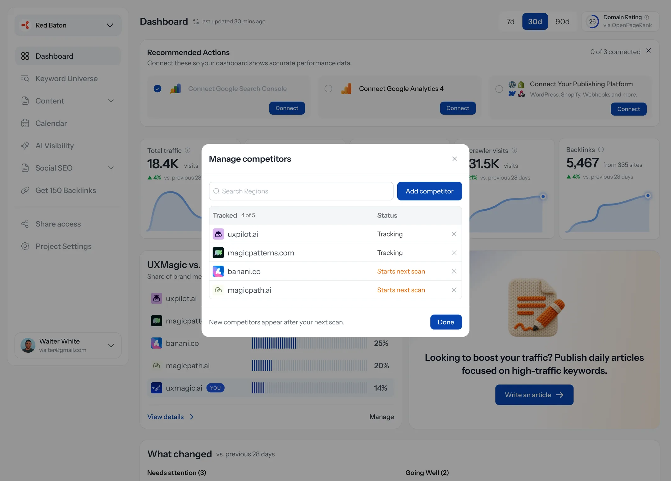 Manage competitors window over the dashboard, tracking four competitor sites