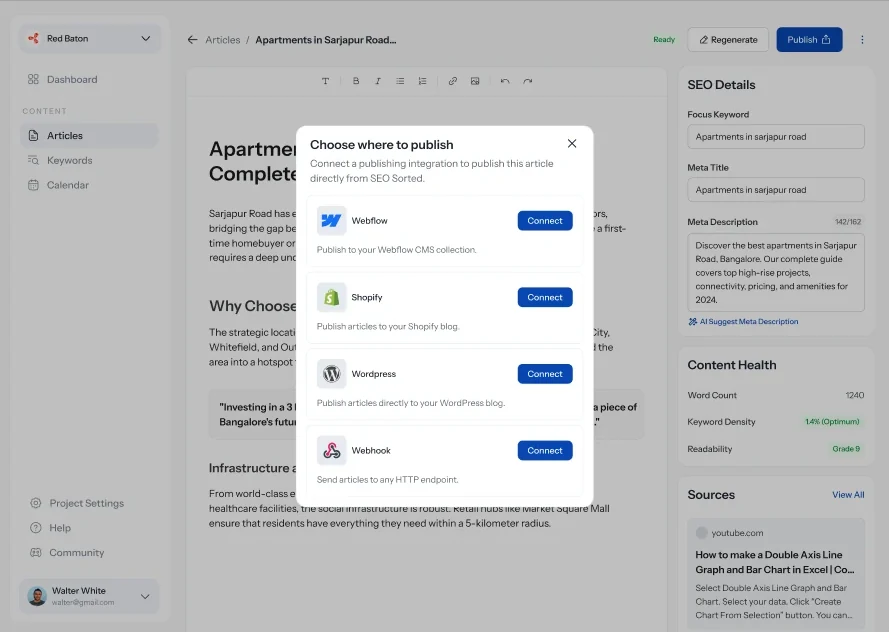 Choose where to publish: Webflow, Shopify, WordPress, Webhook
