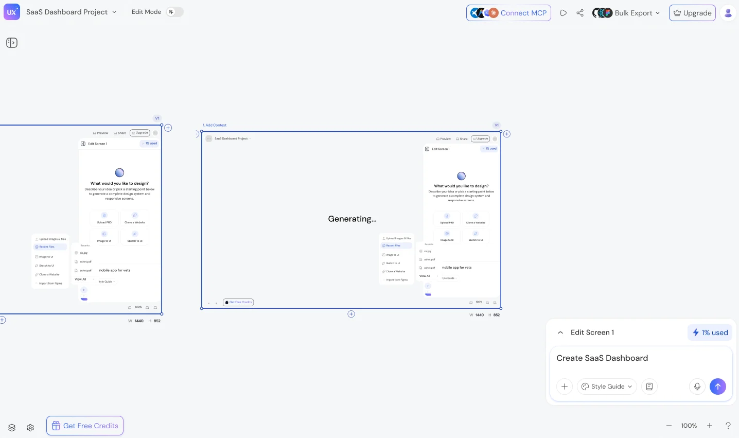 The canvas while a screen generates, showing only Generating…