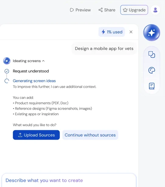 Agent asking for sources with Upload Sources and Continue without sources
