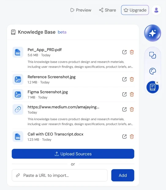 Knowledge Base panel listing PDF, screenshots, a link and a transcript