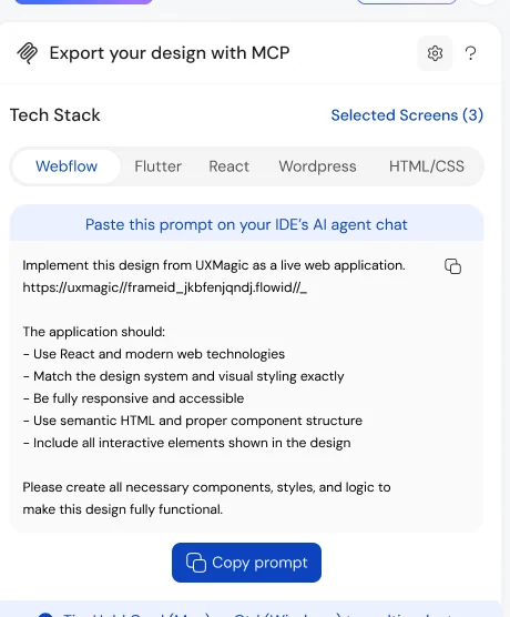 Tech stack tabs and a copyable prompt