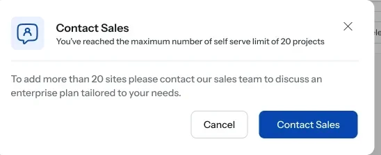 Contact Sales dialog past 20 projects