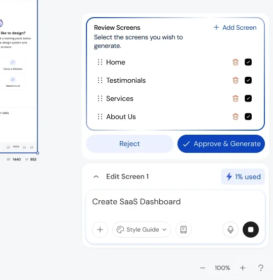 Review Screens popover above the collapsed prompt bar