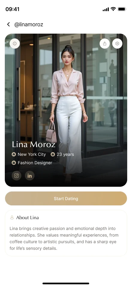 An earlier match profile with a full-size photo and a Start Dating button